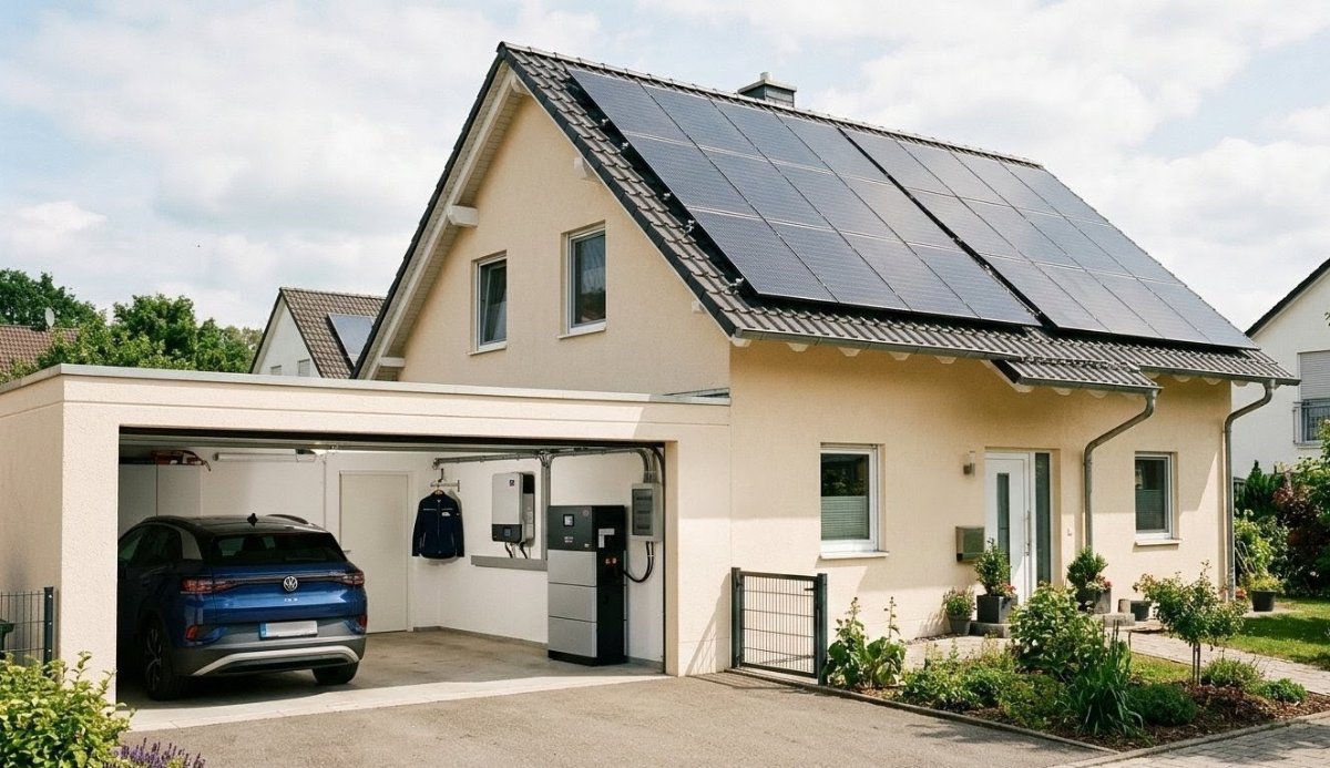 Einfamilienhaus mit Photovoltaikanlage, Batteriespeicher und Wechselrichter – Energietechnik der EnEx GmbH